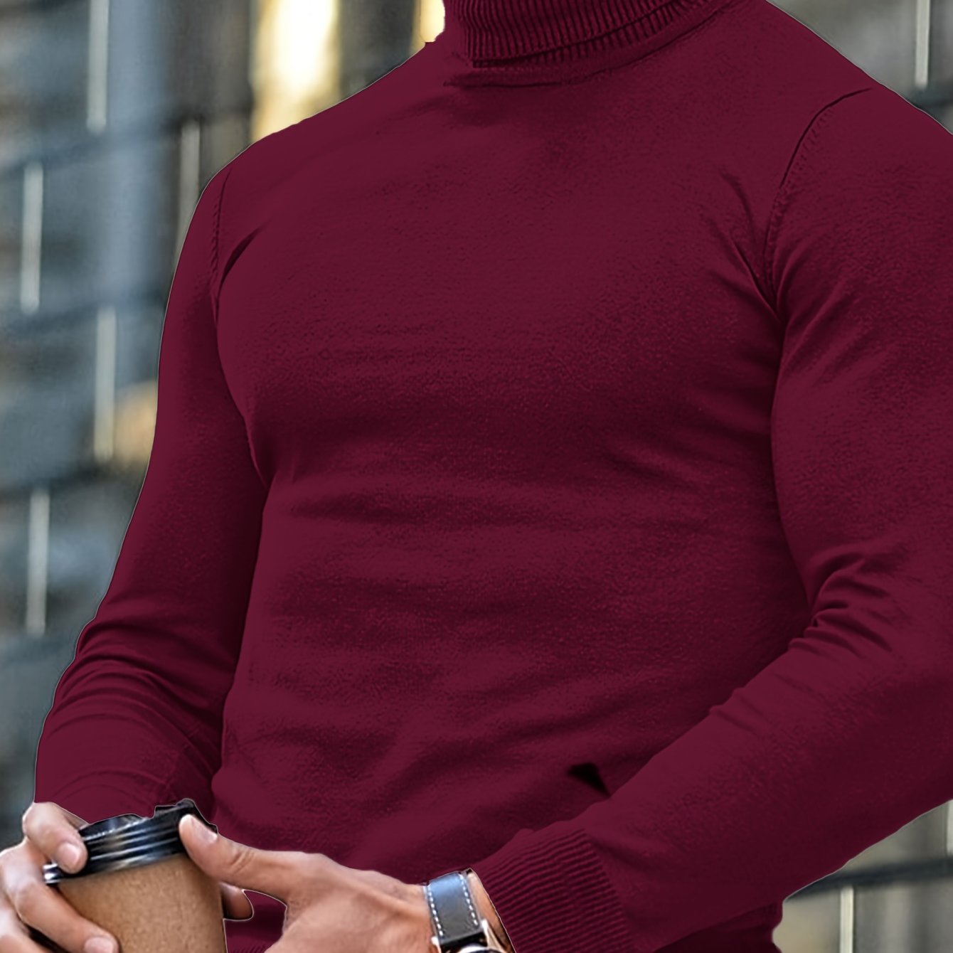 Plus Size Men's Brown Turtleneck Sweater Viscose Fall Winter Ribbed Cuffs