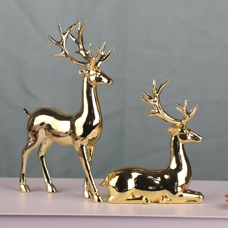 Gold-Plated Christmas Reindeer Statues for Home Decor and Holiday Tabletop Displays