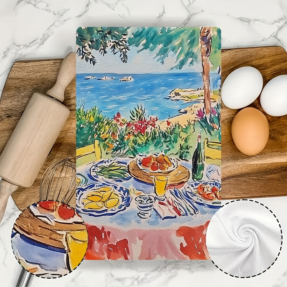 Набор из 2 мягких кухонных полотенец с морским пейзажем 40x60 см, впитывающие, моющиеся в машине