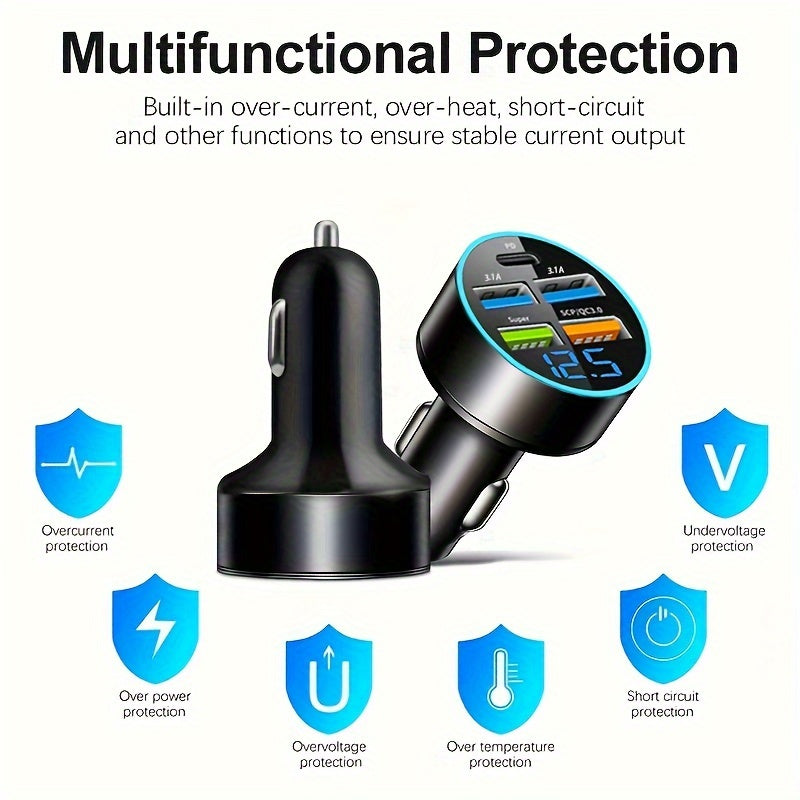Car Charger with 5 Ports Digital Display Fast Charging Multi-Device Adapter