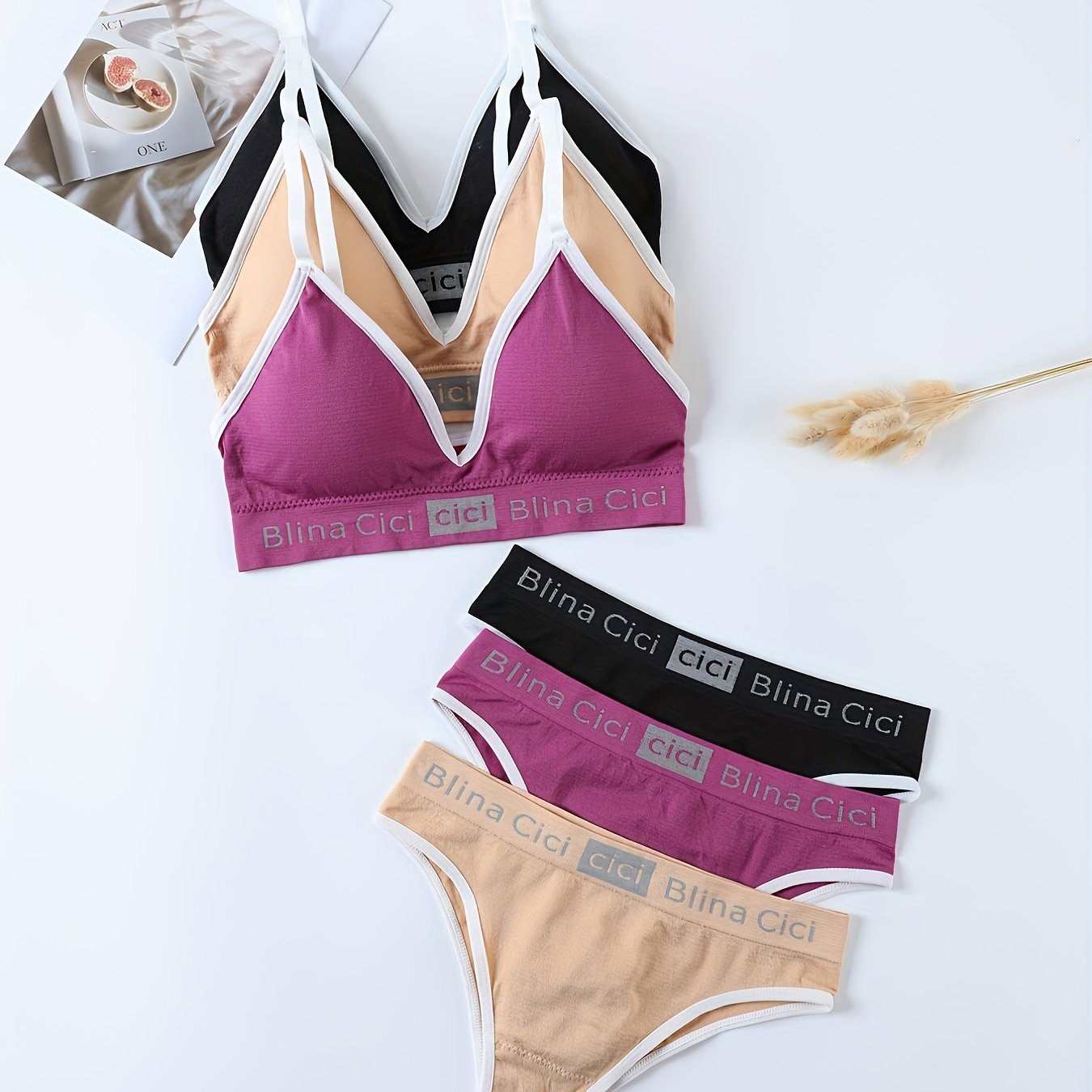 Women's Letter Print Lingerie Set Wireless Sports Bra Elastic Panties