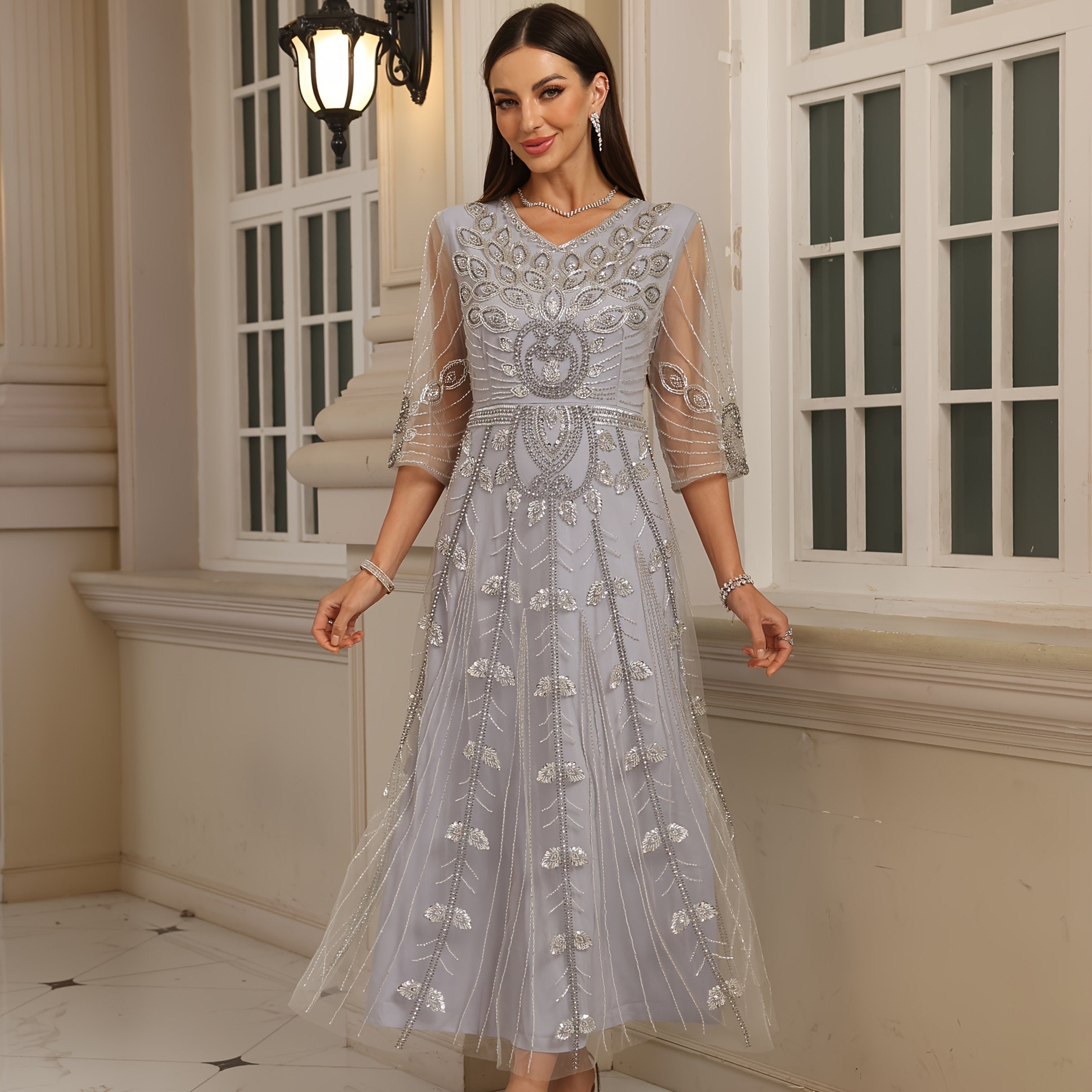 Women's Black Gold Sequin Beaded Evening Dress V-Neck Half-Sleeve