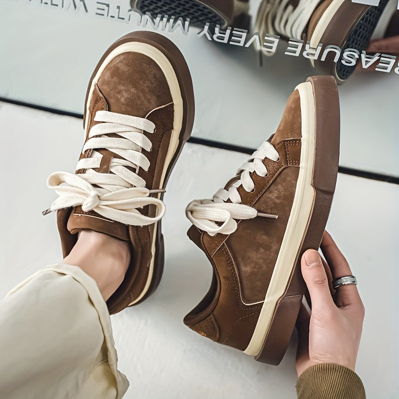 Zapatillas vintage de hombre de caña baja con cordones, color sólido, microfibra, cuero sintético, casual, para todas las estaciones