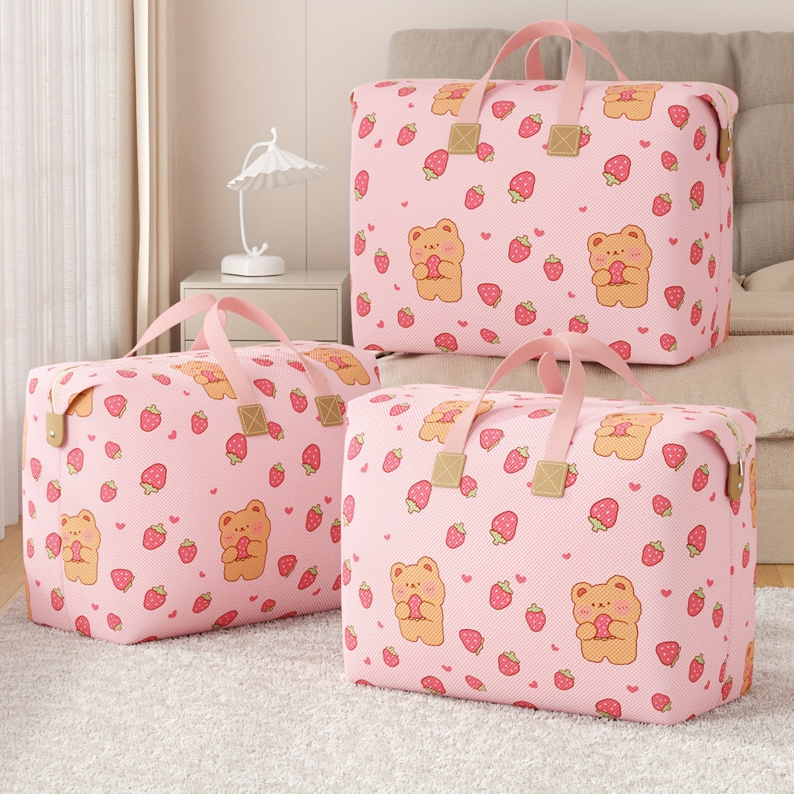 Large Pink Bear Storage Bag Non-Woven Organizer for Home Essentials Space-Saving
