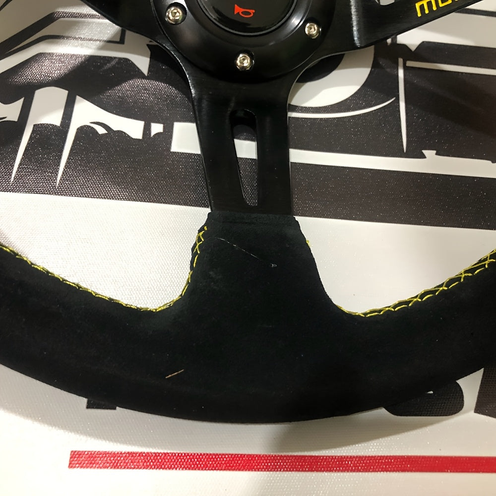 Universal Leather Racing Steering Wheel 14 Inch Deep Dish Yellow Stripe