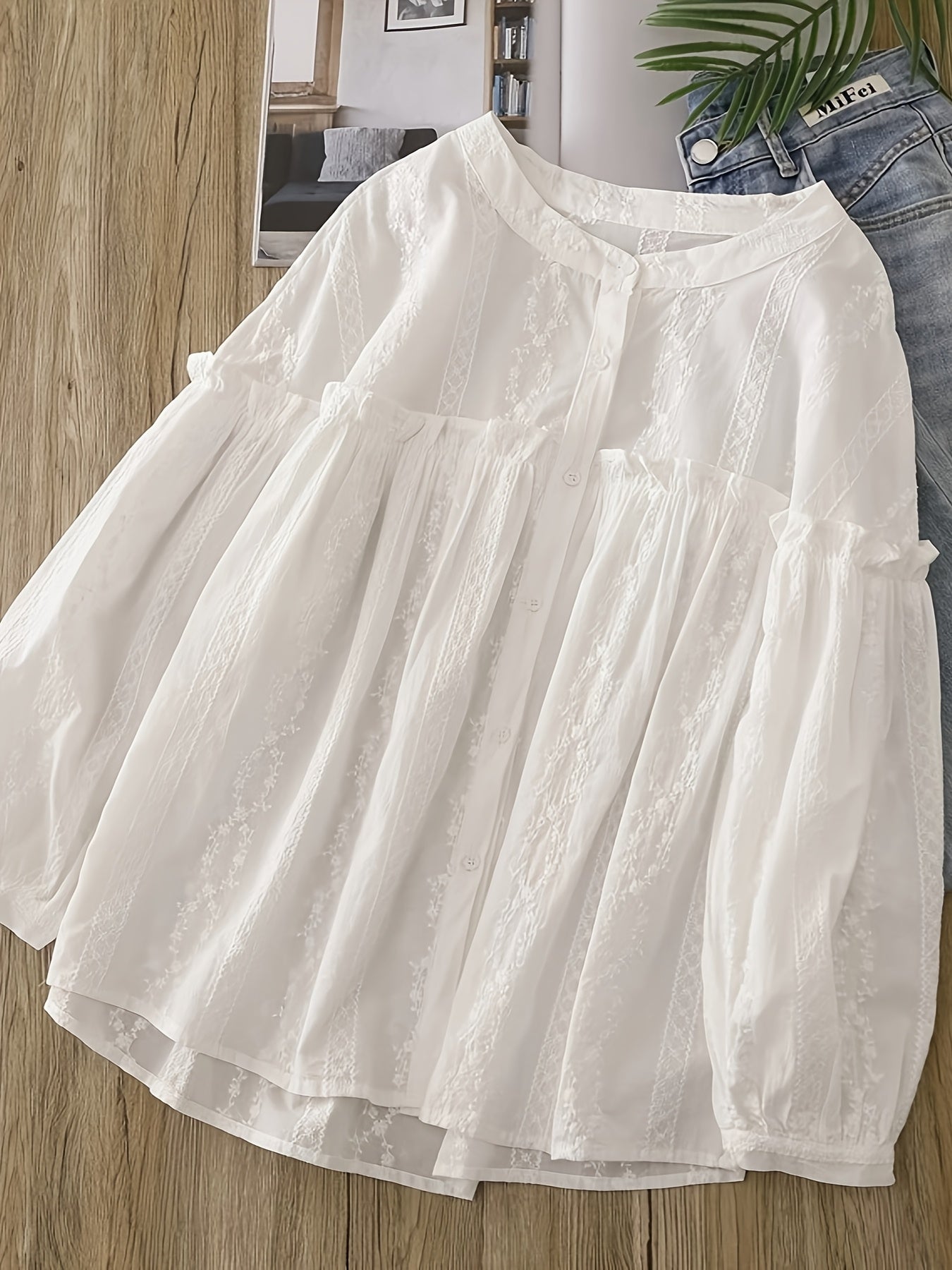 Women's White Lace-Trim Long Sleeve Blouse with Ruffled Collar and Semi-Sheer Design