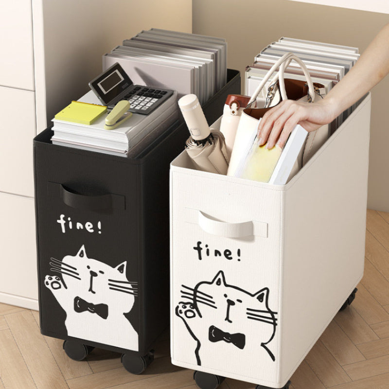 Denim Storage Basket with Cat Design and Wheels for Office Bathroom Home Organizer