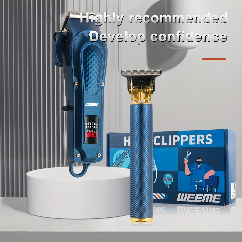 Professional Hair Clippers Set Blue Men's Hair Clipper T-Shaped Trimmer USB Rechargeable 36V Power 2700mAh Battery