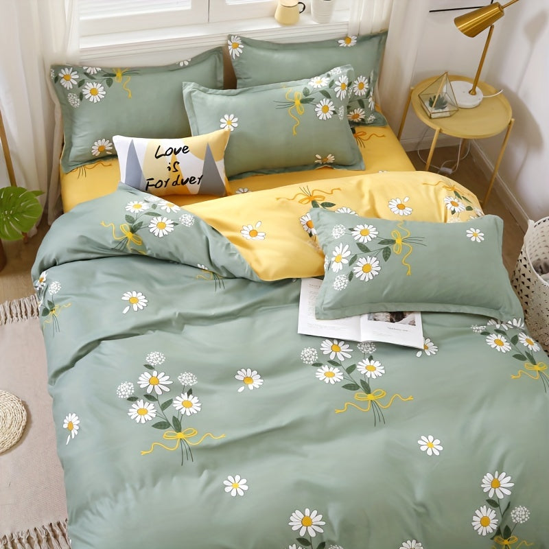 Daisy Print Duvet Cover Set with Pillowcases and Flat Sheet Polyester All-Season Bedroom Decor