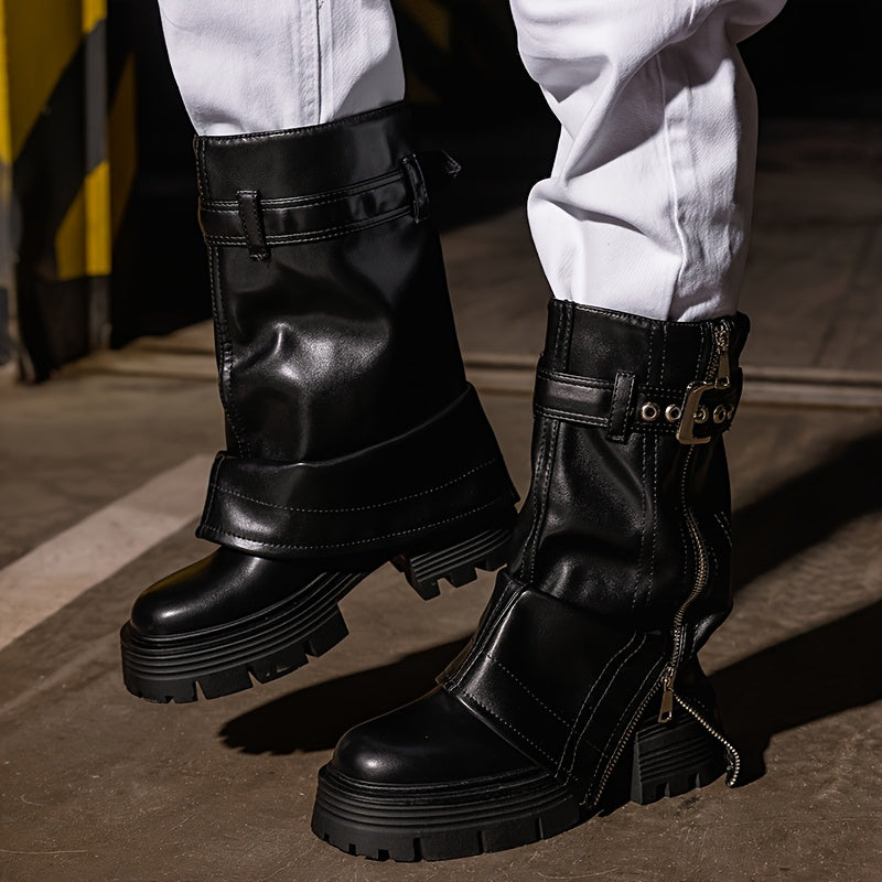 Women's Faux Leather Chunky Platform Mid-Calf Boots with Zipper and Buckle