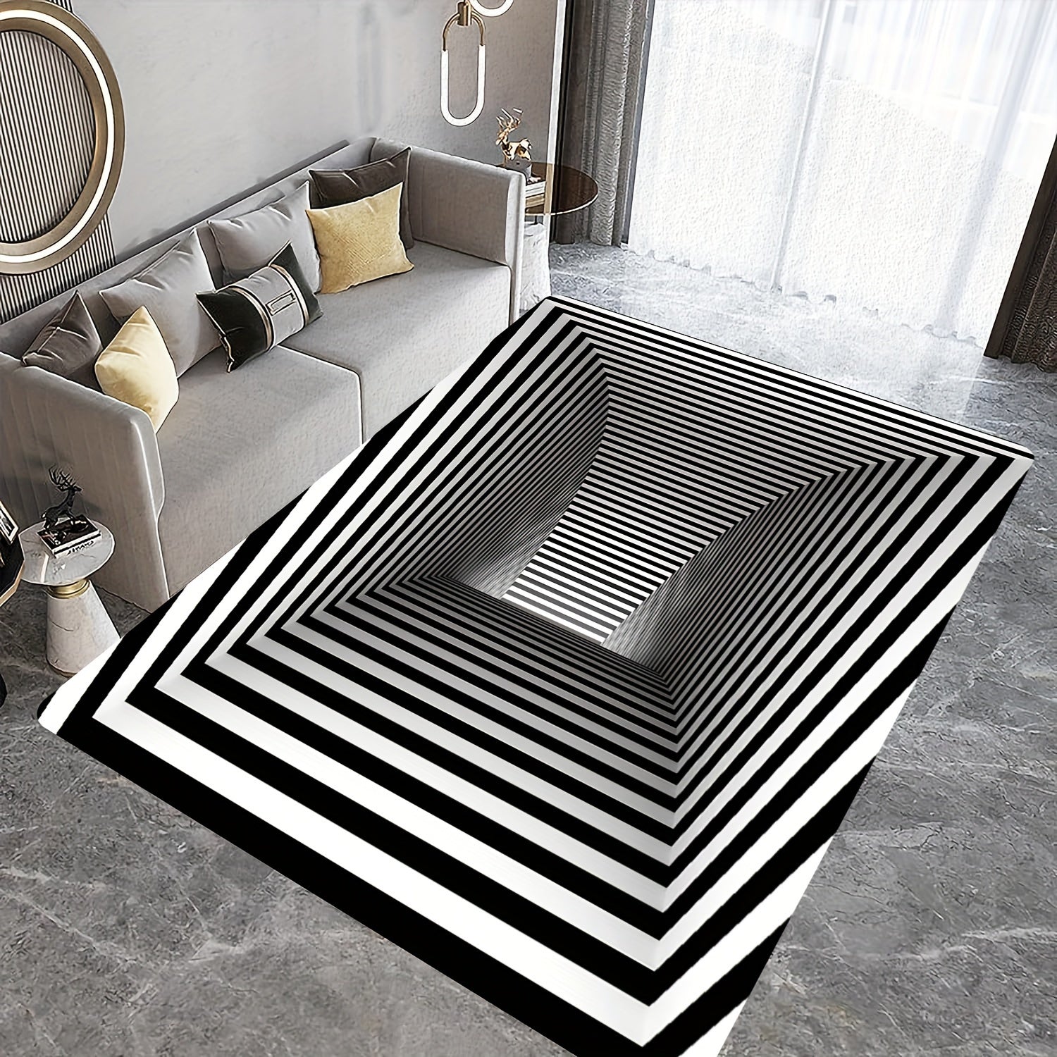 Alfombra de patrón rectangular con respaldo antideslizante, lavable a mano, ligera, de poliéster, sala de estar