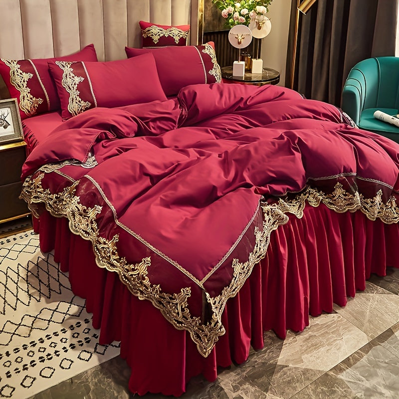 Luxury Red Lace Duvet Cover Set with Pillowcases for Bedroom or Guest Room