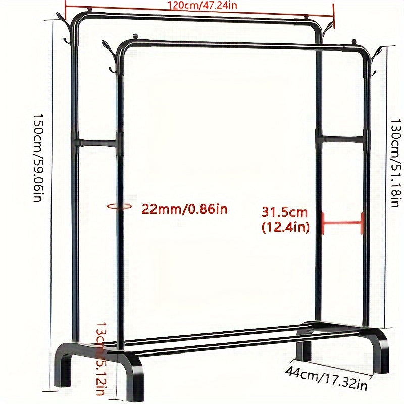 Large Capacity Floor Standing Clothes Drying Rack with Double Poles for Bedroom Balcony Bathroom