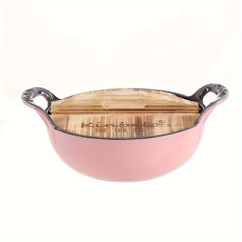 Large 47oz Enamel Cast Iron Dutch Oven with Wooden Lid Non-Stick Coating