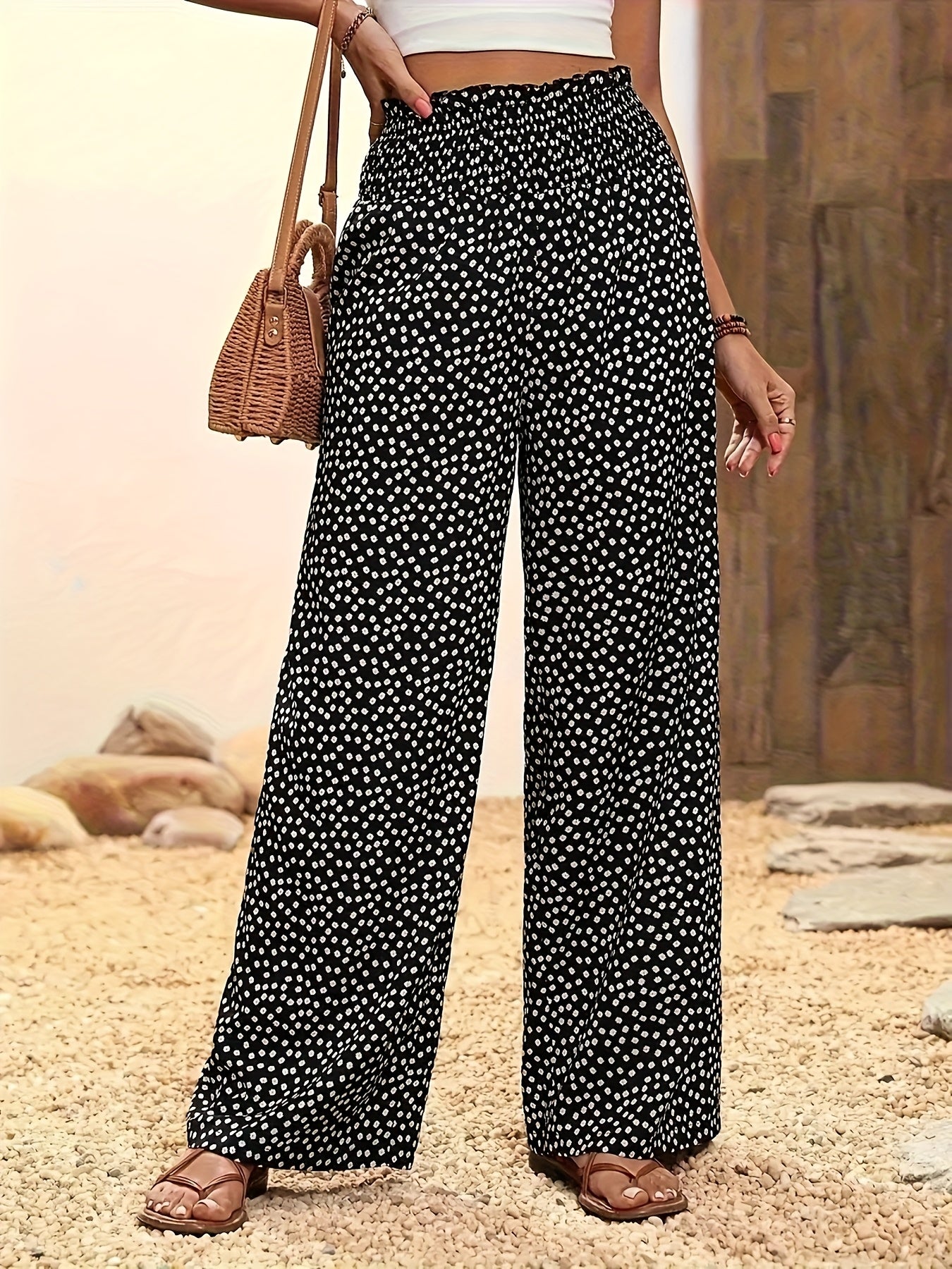 Women's Floral Print Wide-Leg Pants Black White Ditsy Pattern Casual Summer