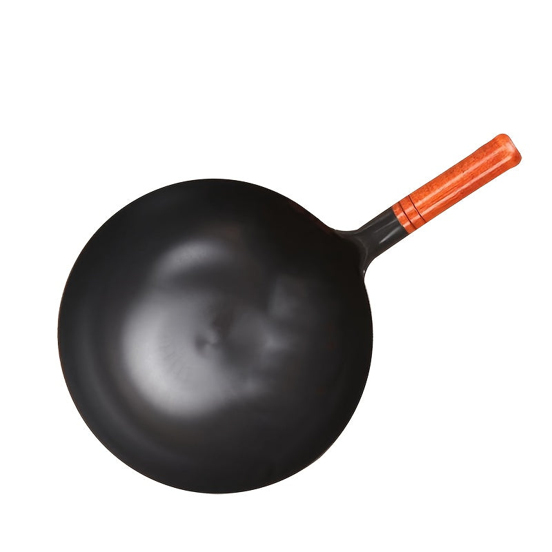 Traditional Chinese Cast Iron Wok with Wooden Handle Non-Stick Surface for Gas Stoves