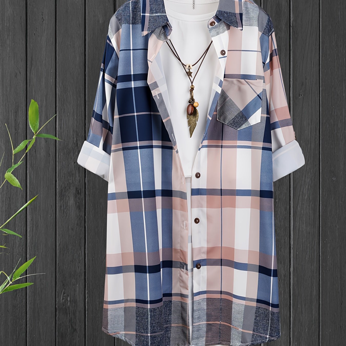 Plus Size Women's Casual Plaid Shirt Long Sleeve Button-Up Blue White Checkered