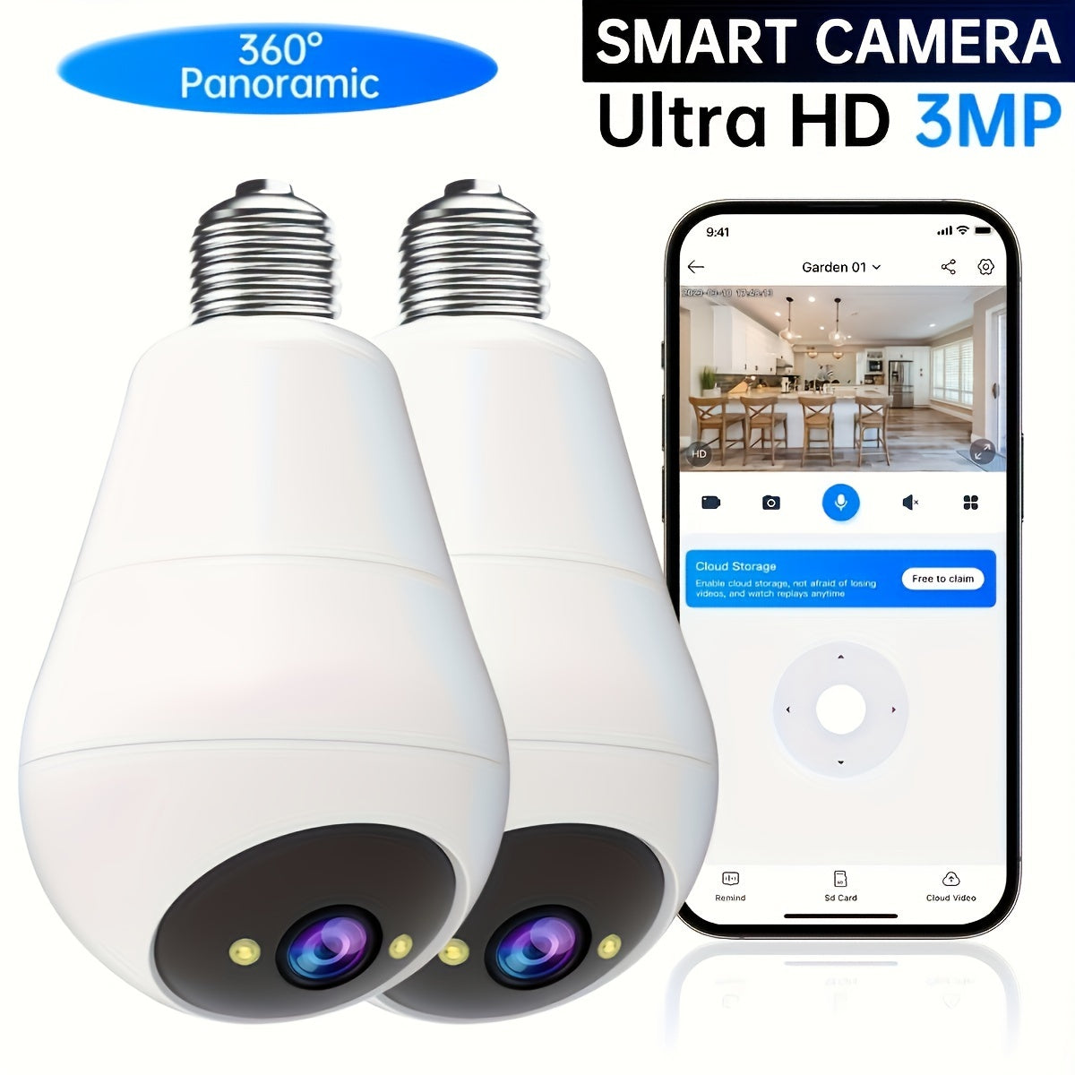Smart HD WiFi Camera with Built-in Light 3MP E27 Bulb Night Vision Audio Alarm for Home Security