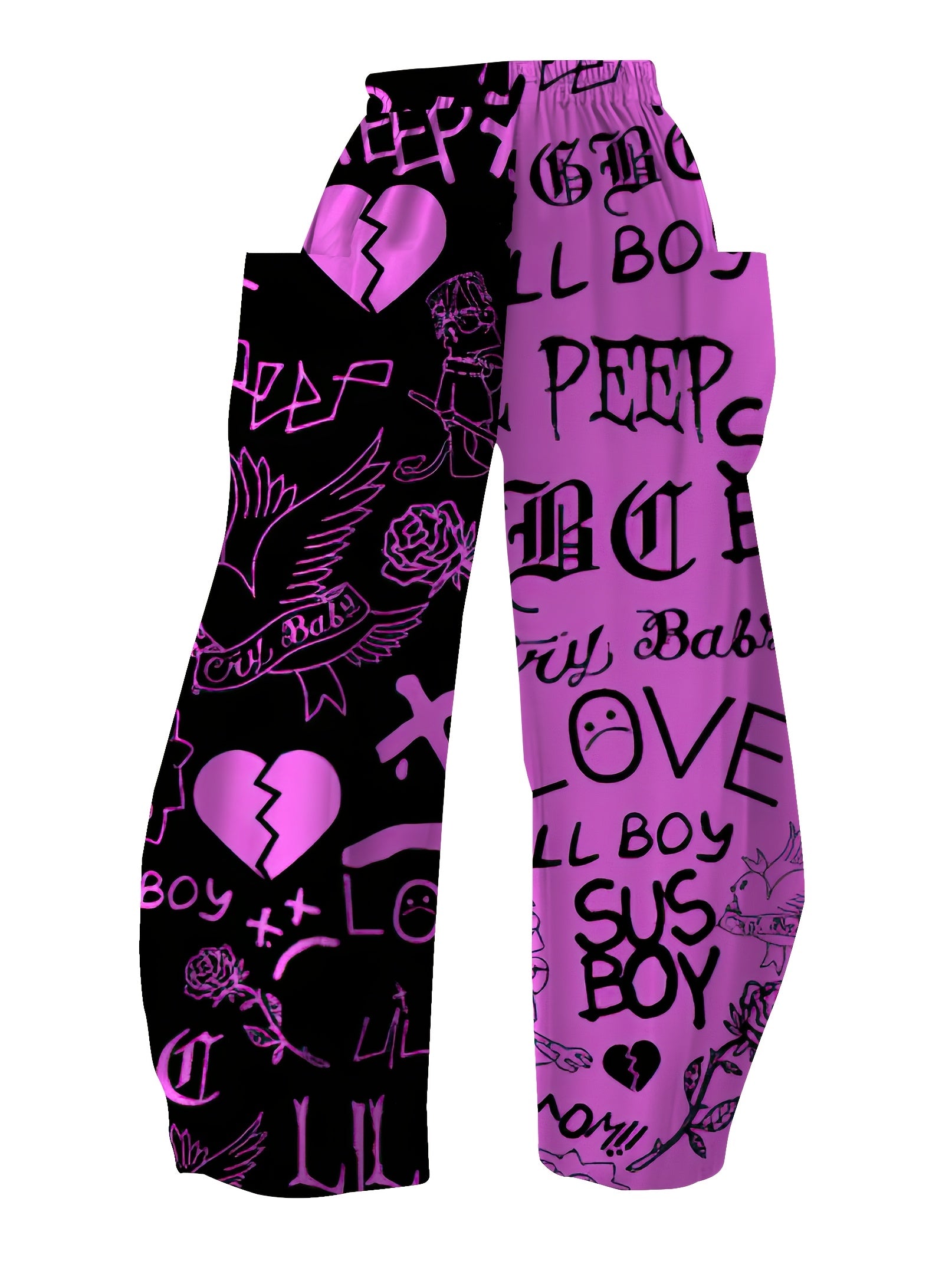 Plus Size Women's High-Waist Wide-Leg Pants with Heart Print Casual Black Pink