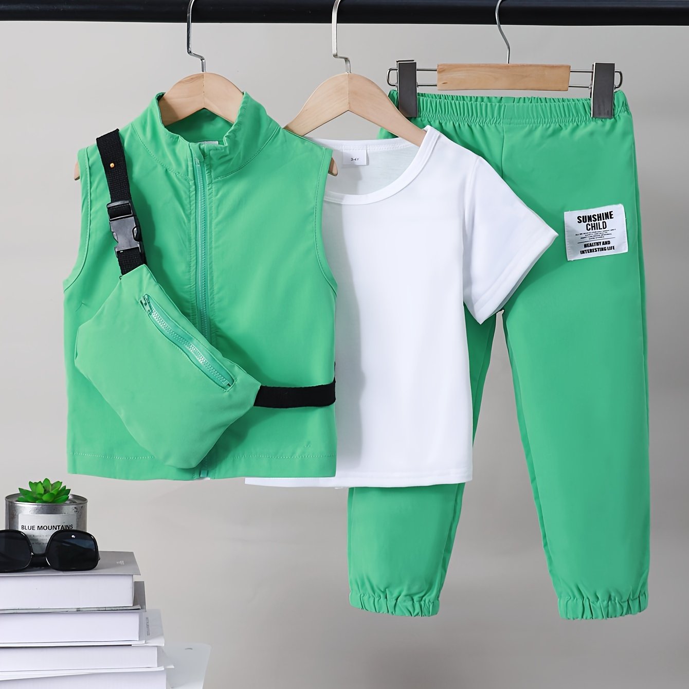 Boys Spring Outfit 4-Piece Set Short Sleeve T-Shirt Sleeveless Vest Cargo Pants Crossbody Bag Kids Casual