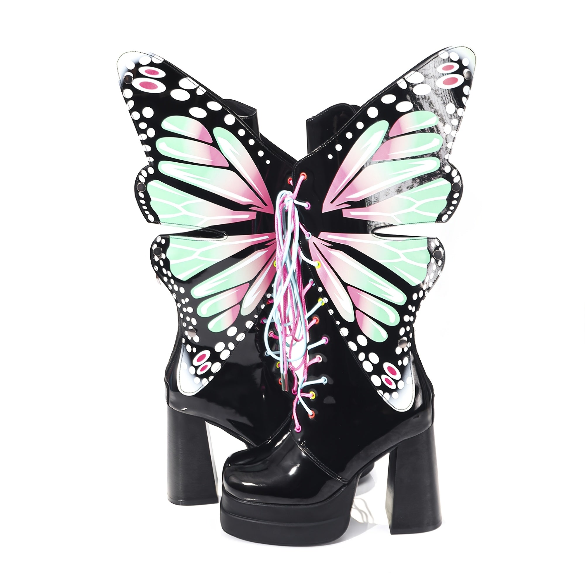 Ayollar uchun qalin platforma botinkalari, yaltiroq qora, gul naqshli, sirg‘alishga qarshi rezina