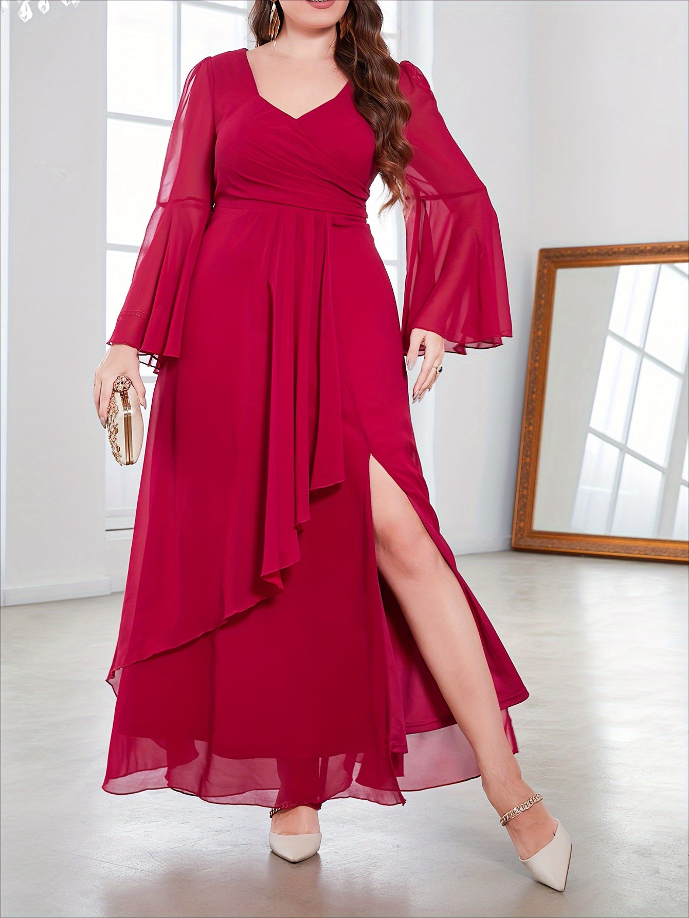 Plus Size Maxi Dress V-Neck High Slit Flared Sleeves Polyester