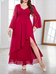 Plus Size Maxi Dress V-Neck High Slit Flared Sleeves Polyester