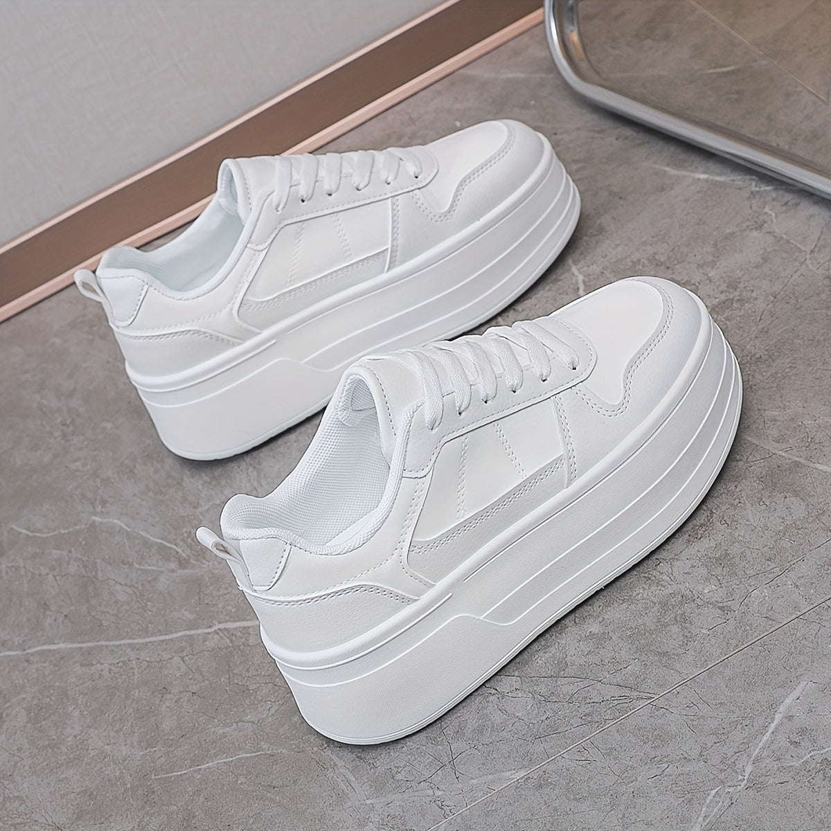 Women's White Platform Sneakers - Lace-Up, Casual Low Top with TPR Sole