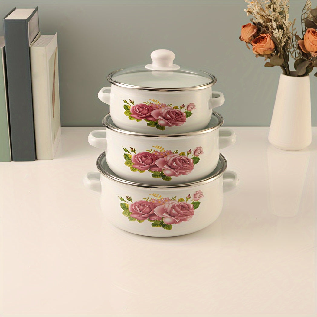 Set of 3 Enamel Cookware with Glass Lids for Soups and Stews Gas Stove Compatible