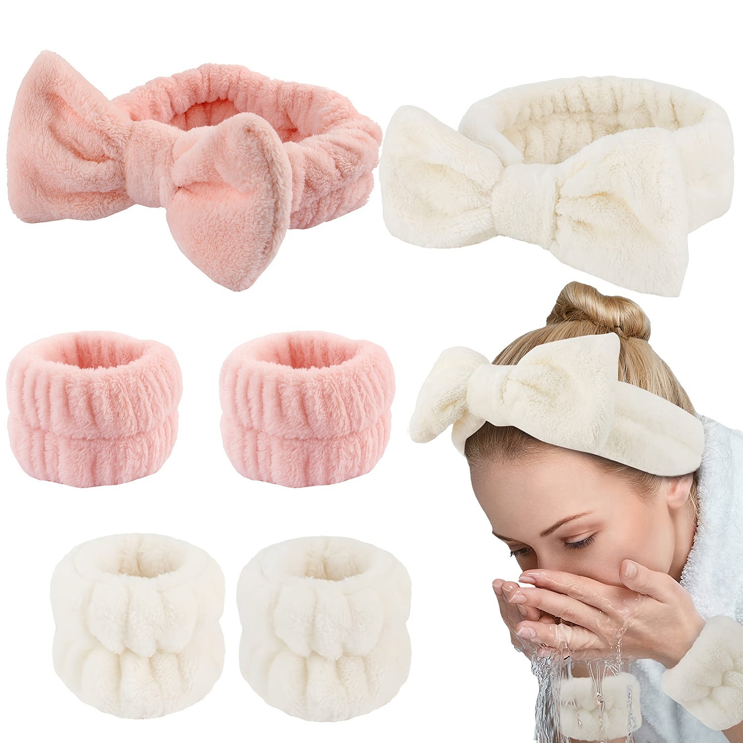 Women Cute Bow Hair and Wristband Set Spa Headbands for Face Makeup
