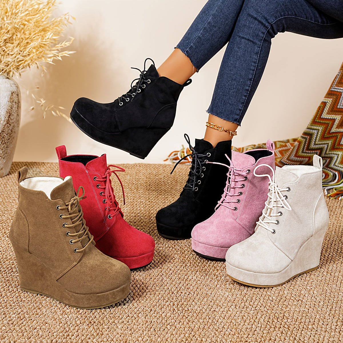 Women's Winter Plush-Lined Platform Wedge Boots with Thick Heel