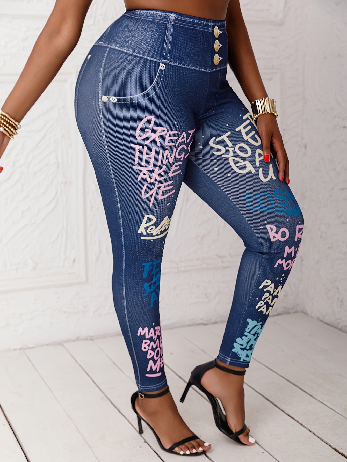 Plus Size Women's Denim Leggings High-Waisted Stretchy Workout All-Season