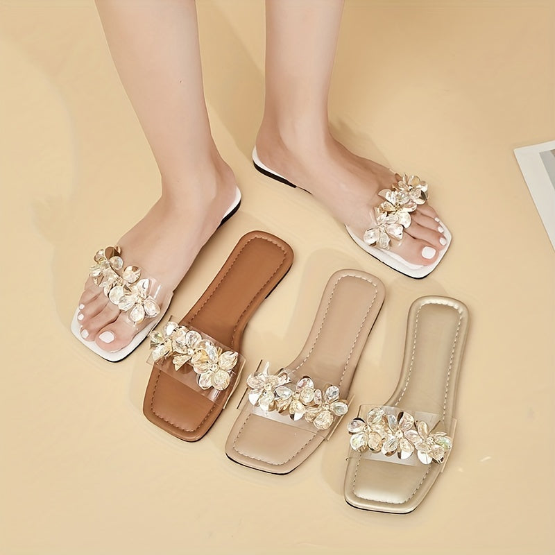 Women's Rhinestone Floral Slip-On Sandals with Square Toe and Flat Soft Sole