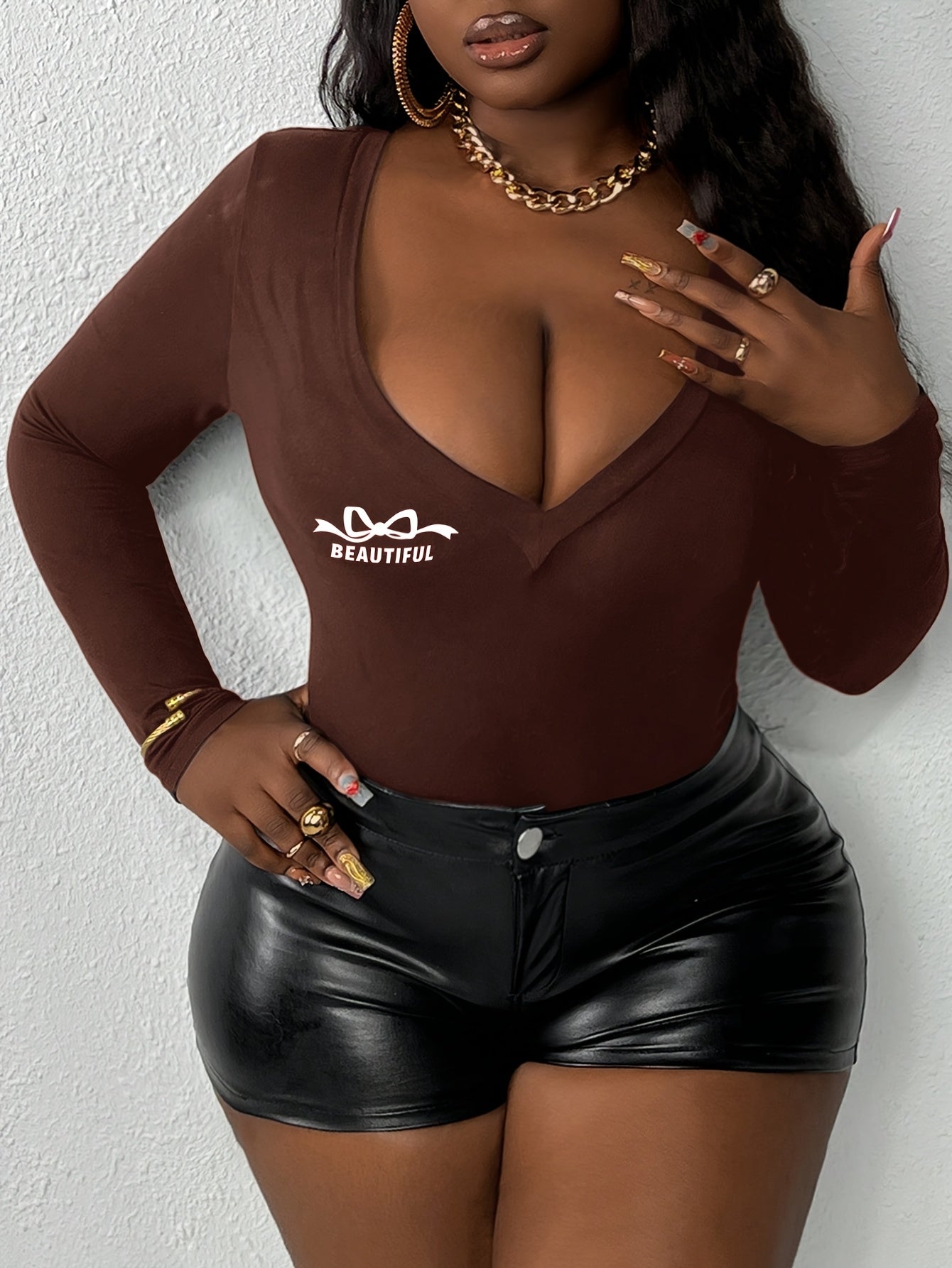 Plus Size Women's V-Neck Jumpsuit Bodycon Coffee Brown Letter Print Long Sleeve