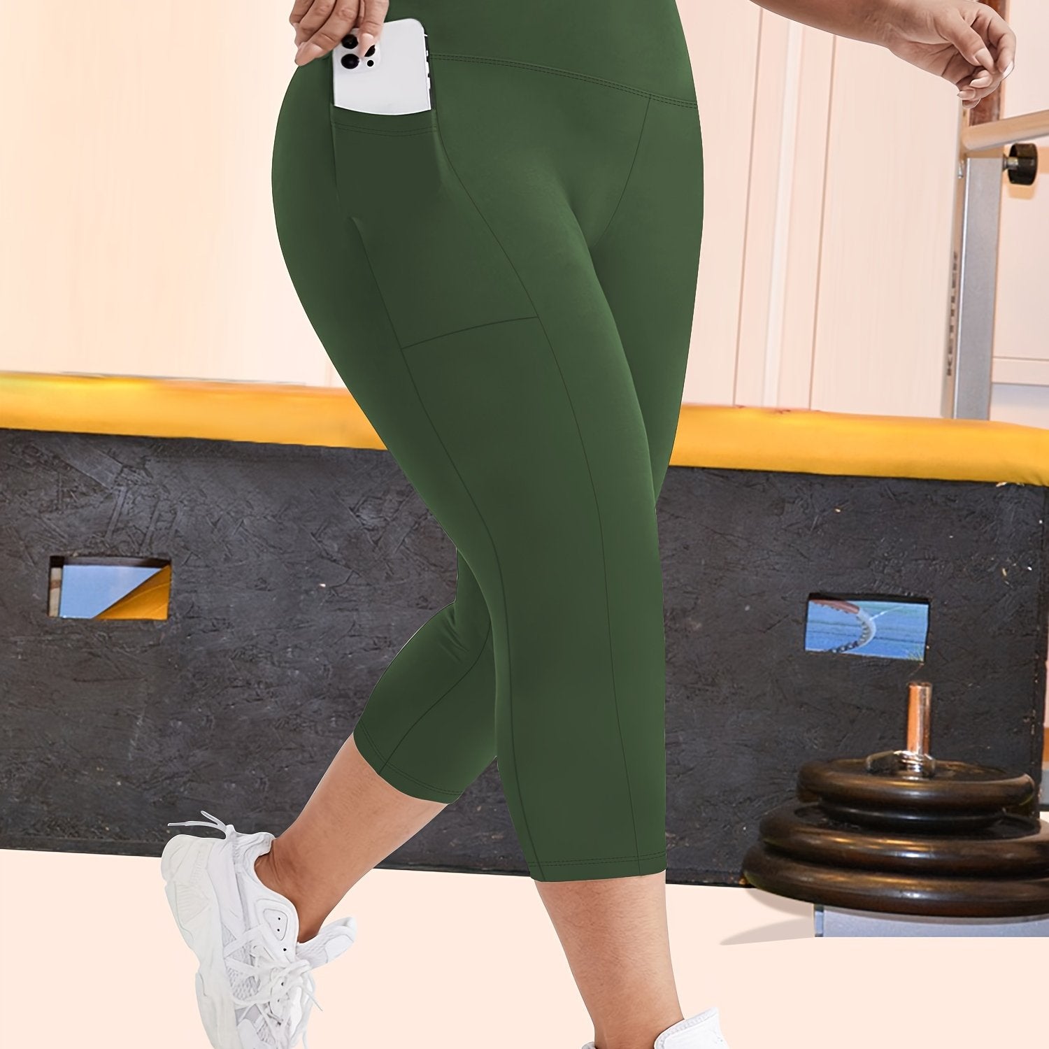 Ayollar uchun katta o'lchamli yuqori belli Capri legginslar, yon cho'ntaklar bilan