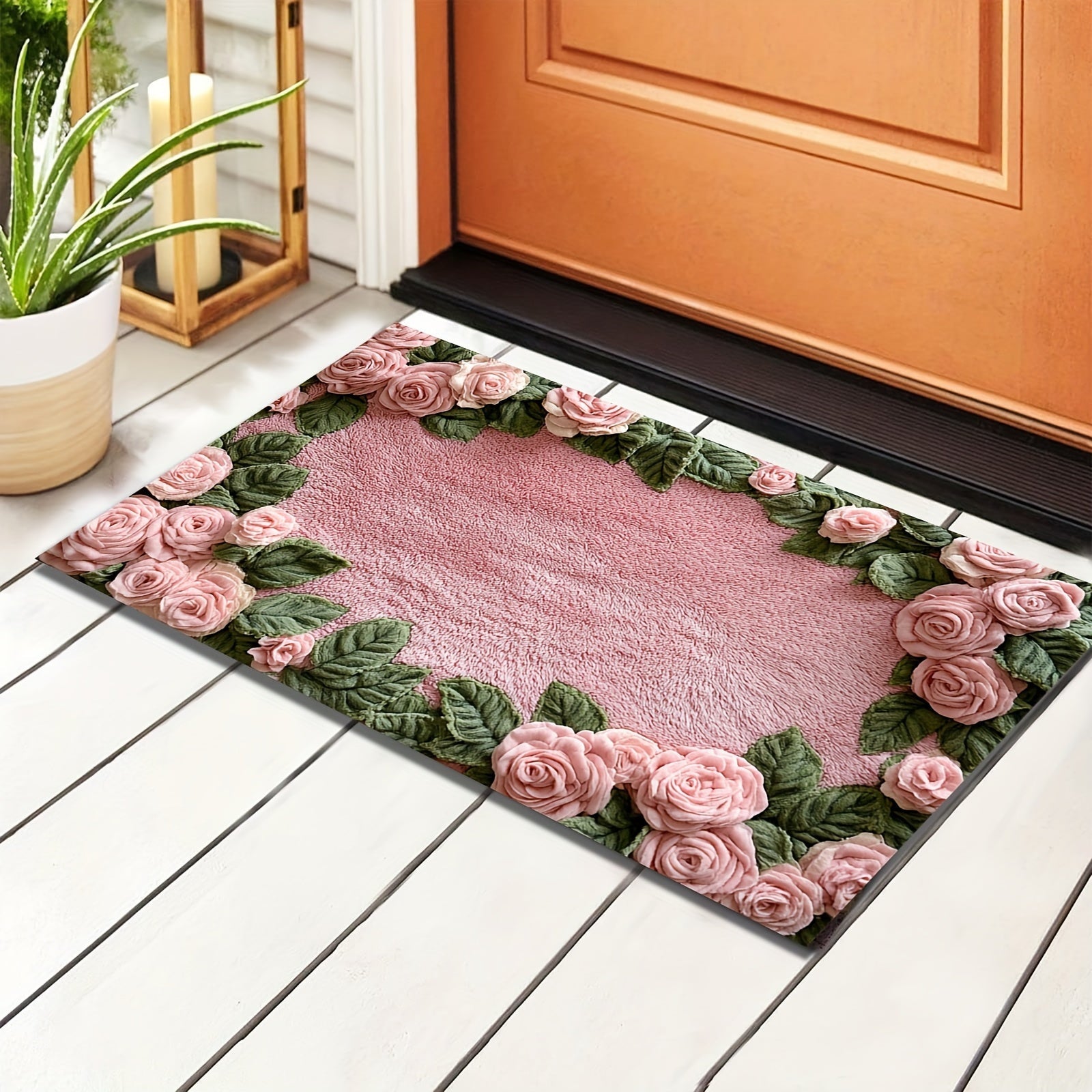 Pink Rose Non-Slip Bath Mat with TPR Backing, Machine Washable, Indoor Outdoor Use