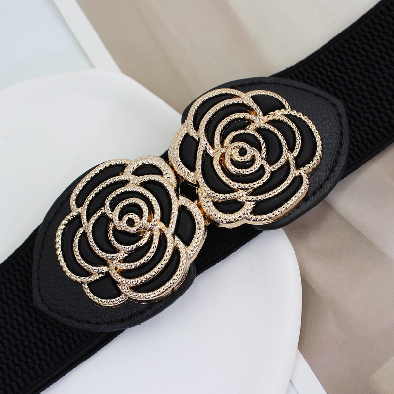 Women's Metal Leaf Buckle Wide Vintage Stretch Waist Belt for Dresses