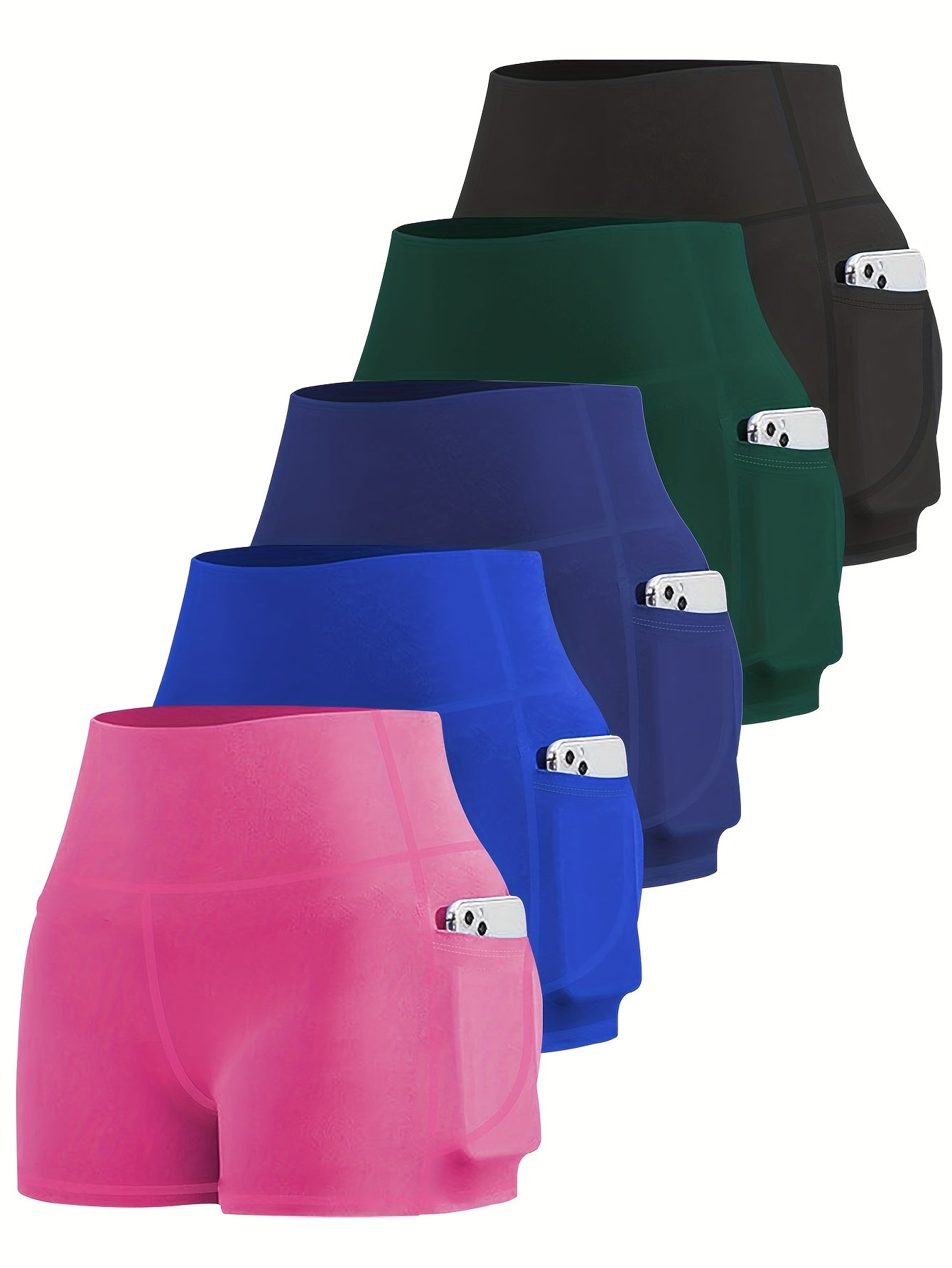 Ayollar uchun kattaroq o'lchamdagi yuqori belli yoga shorti to'plami, 5 ta, chuqur cho'ntaklar bilan