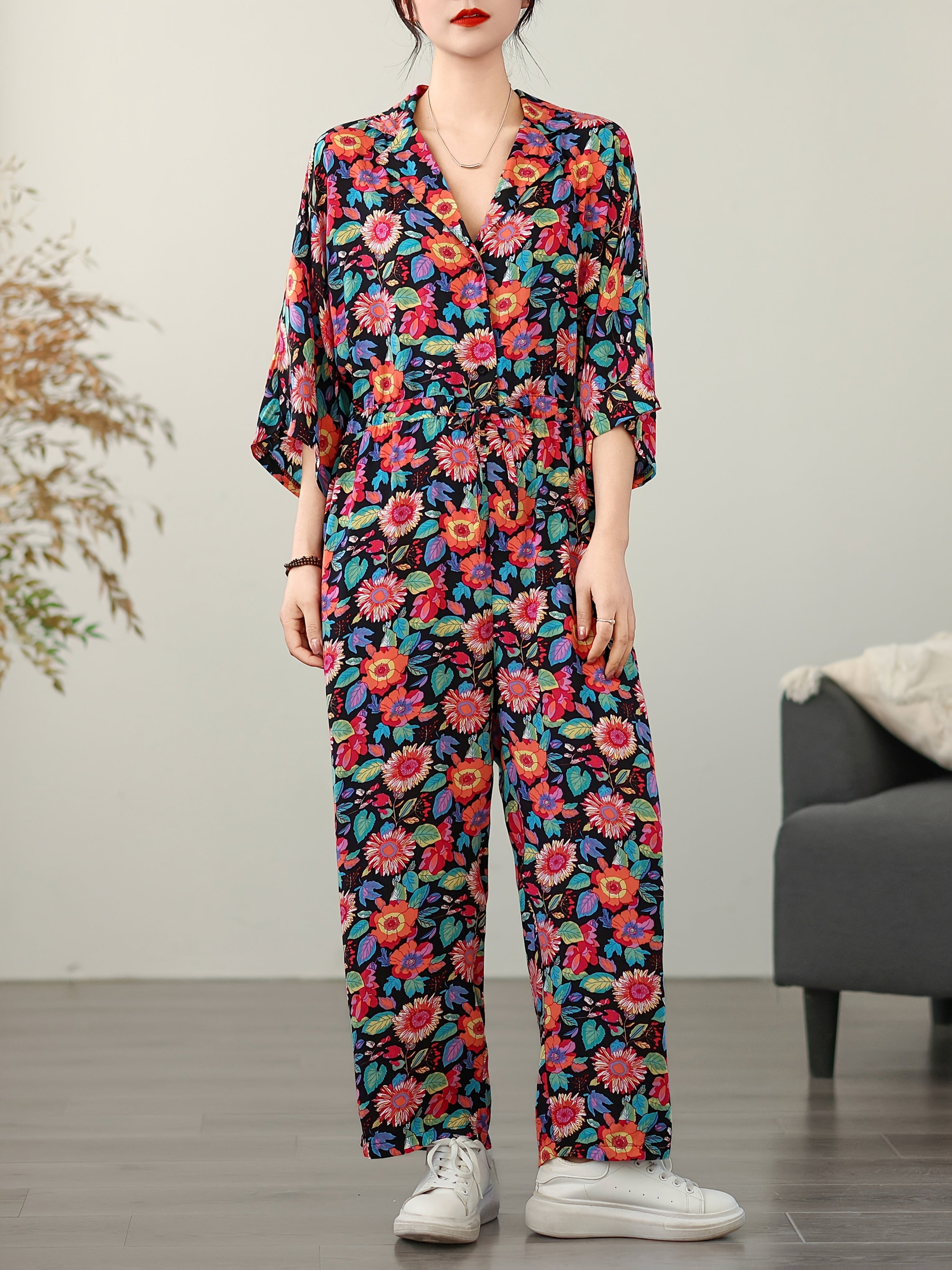 Women's Floral Print Summer Jumpsuit Loose Fit Short Sleeve Casual Dress