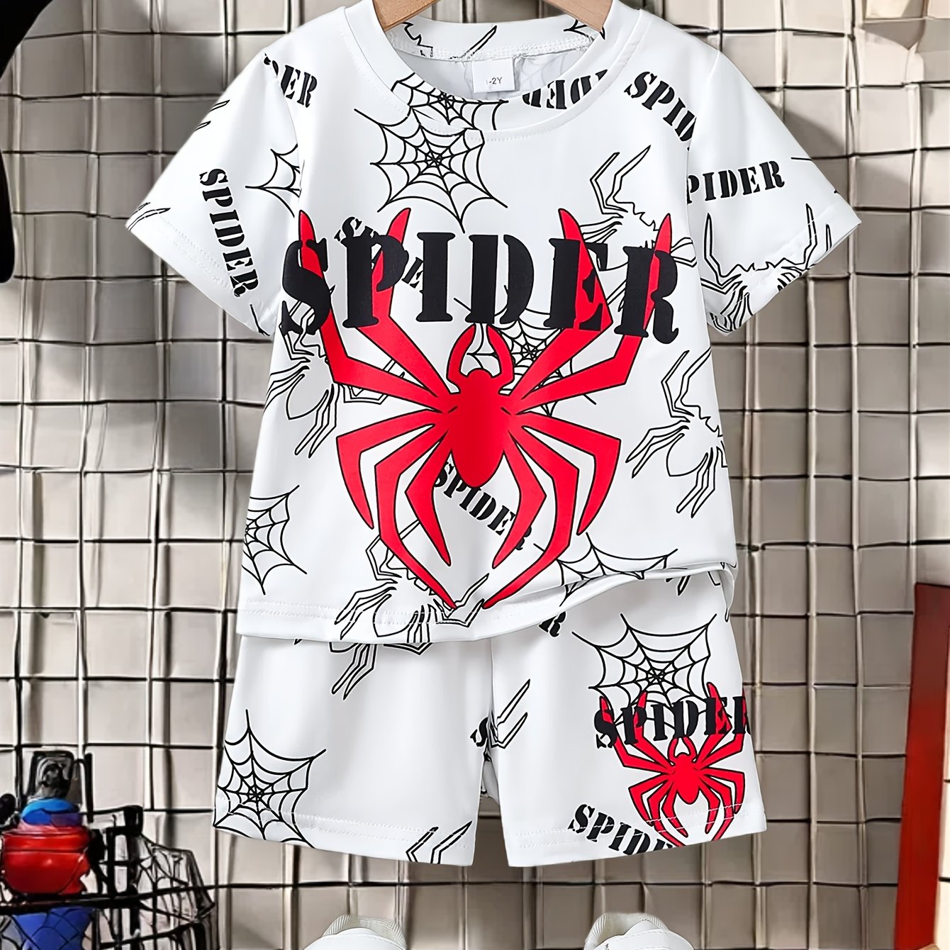 Boys Summer Spider Pattern T-Shirt and Shorts Set 95% Polyester 5% Spandex Kids Outfit