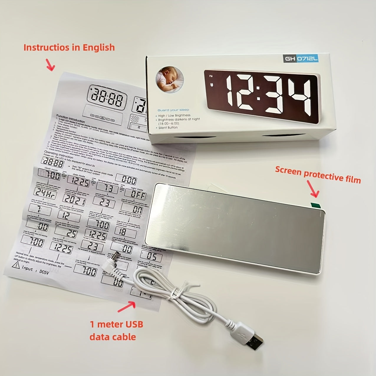 Digital Clock with Large LED Display Mirror Surface Dual Brightness Battery or USB Charging for Home Decor