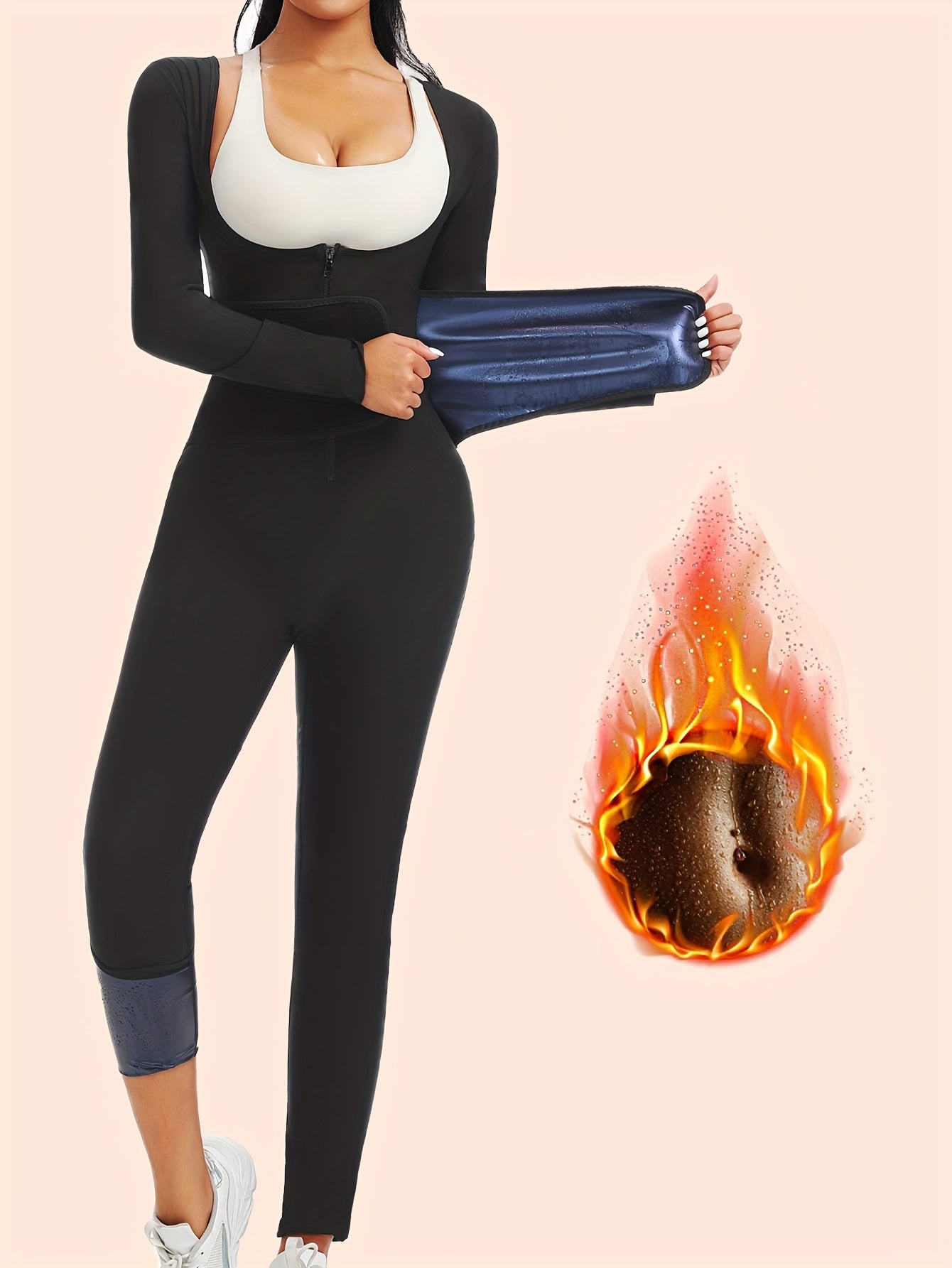 "Женский комбинезон с длинным рукавом для сауны черного цвета, корсет для контроля живота с молнией, стройнящий корректор фигуры для фитнеса и бега, смесь полиэстера и эластана"