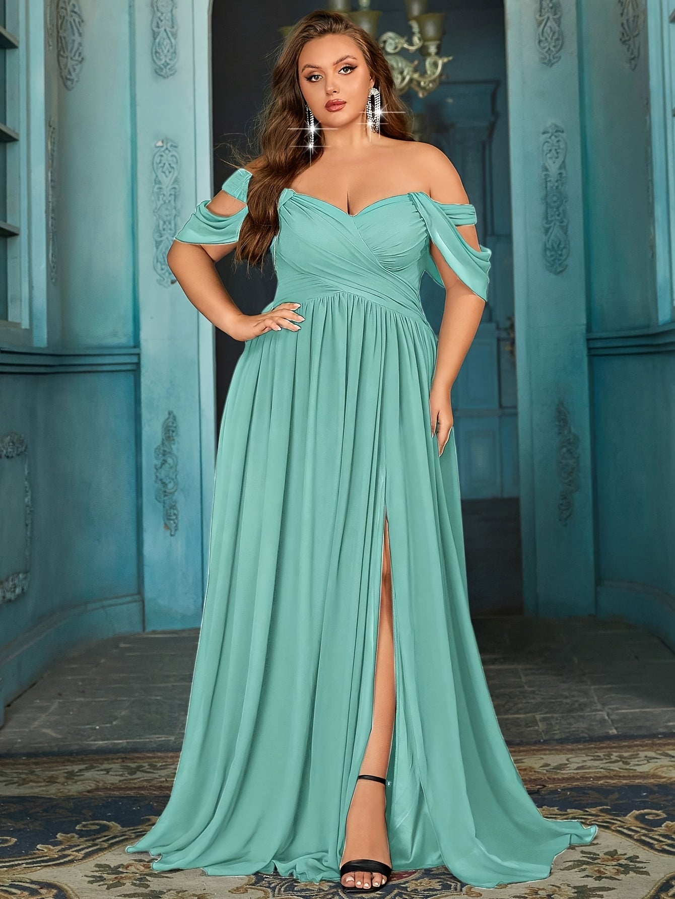 Plus Size Teal Maxi Dress Women Off-Shoulder Ruched A-Line Evening