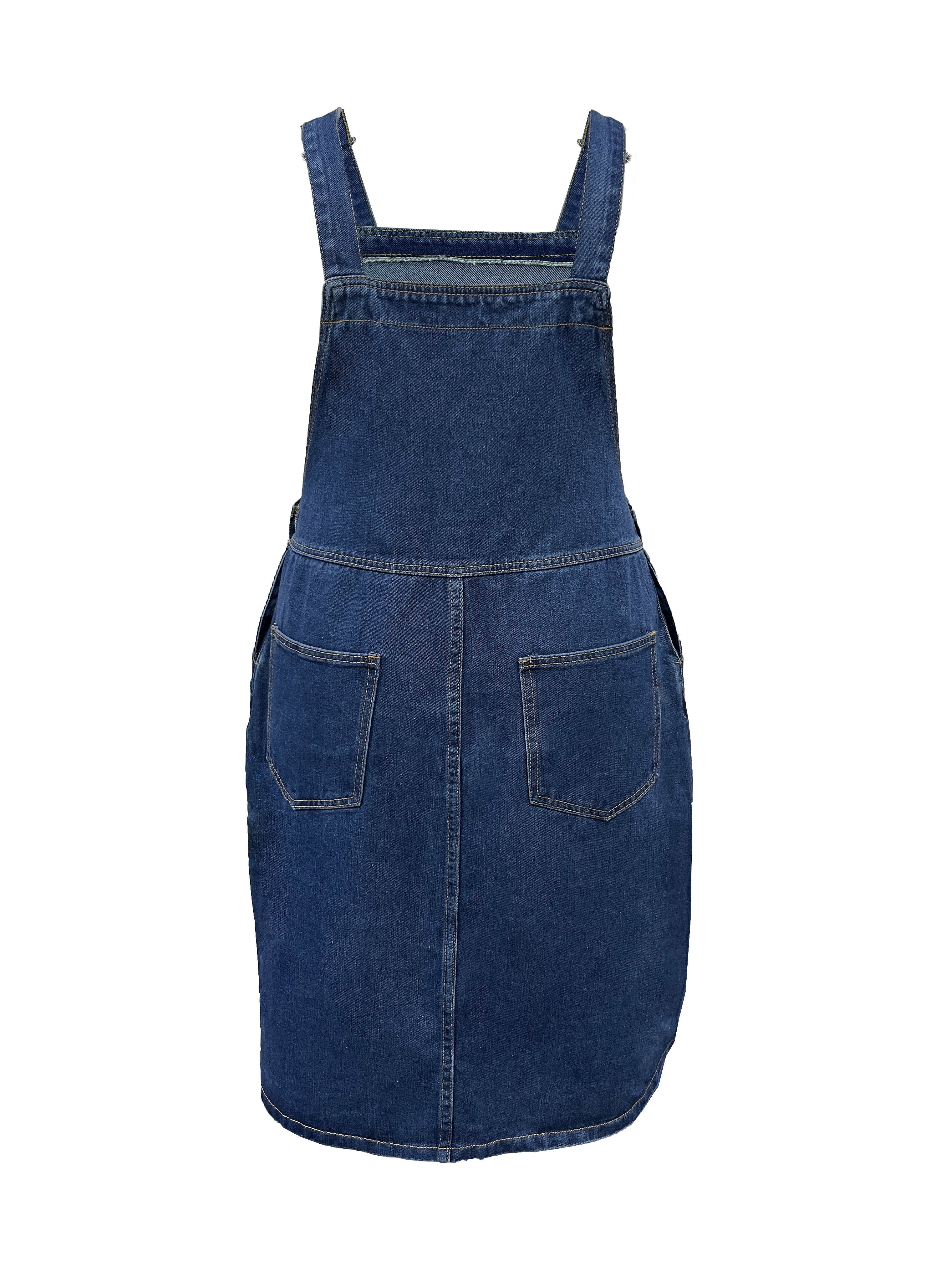 Plus-Size Denim Dress with Adjustable Straps Chest Pocket Casual All-Season