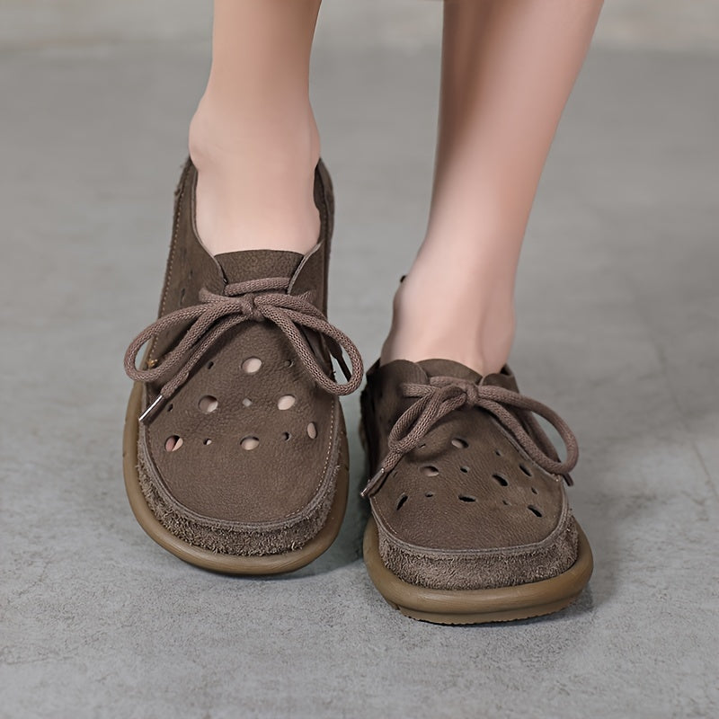 Women's Leather Loafers with Perforated Design and Rubber Sole Brown Summer Casual Shoes