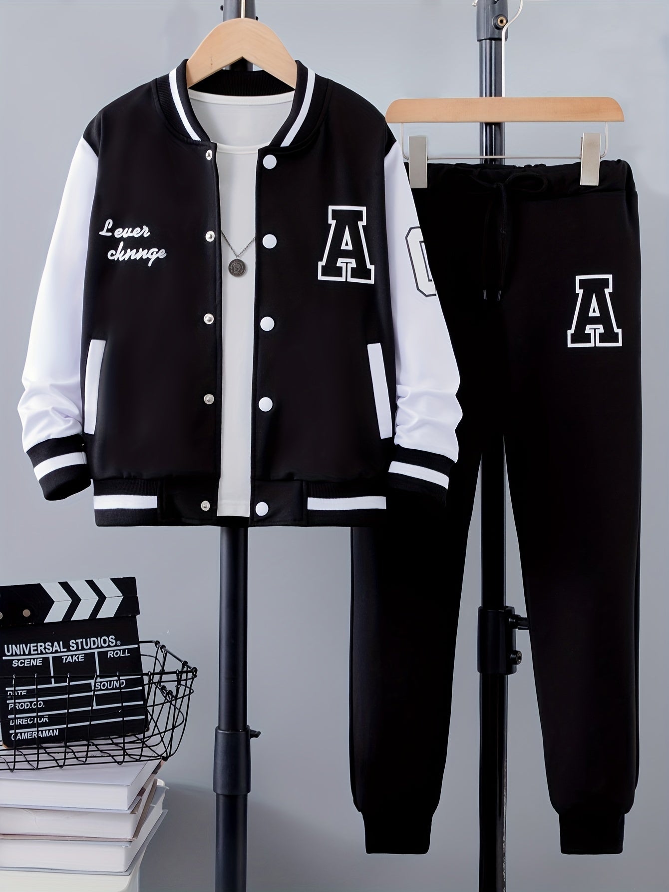 Kids Boys Letter Print Varsity Jacket and Pants Set Fall Winter Casual Clothing