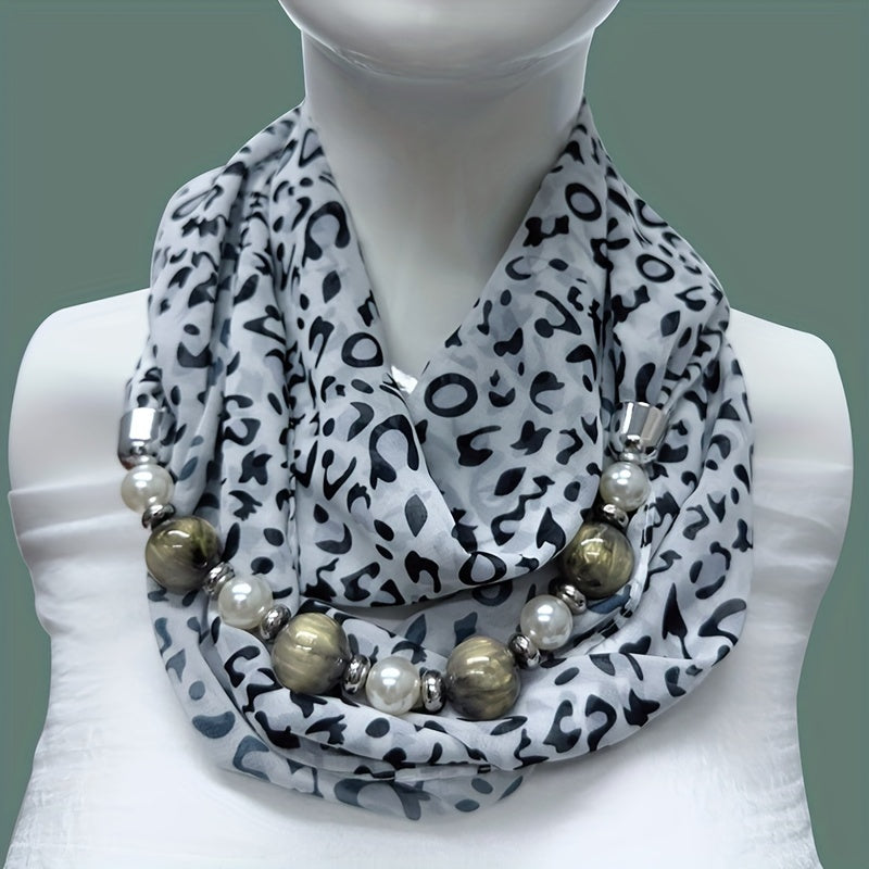 Beaded Necklace Scarf Women’s Chiffon Imitation Ceramic Beads Infinity Accessory