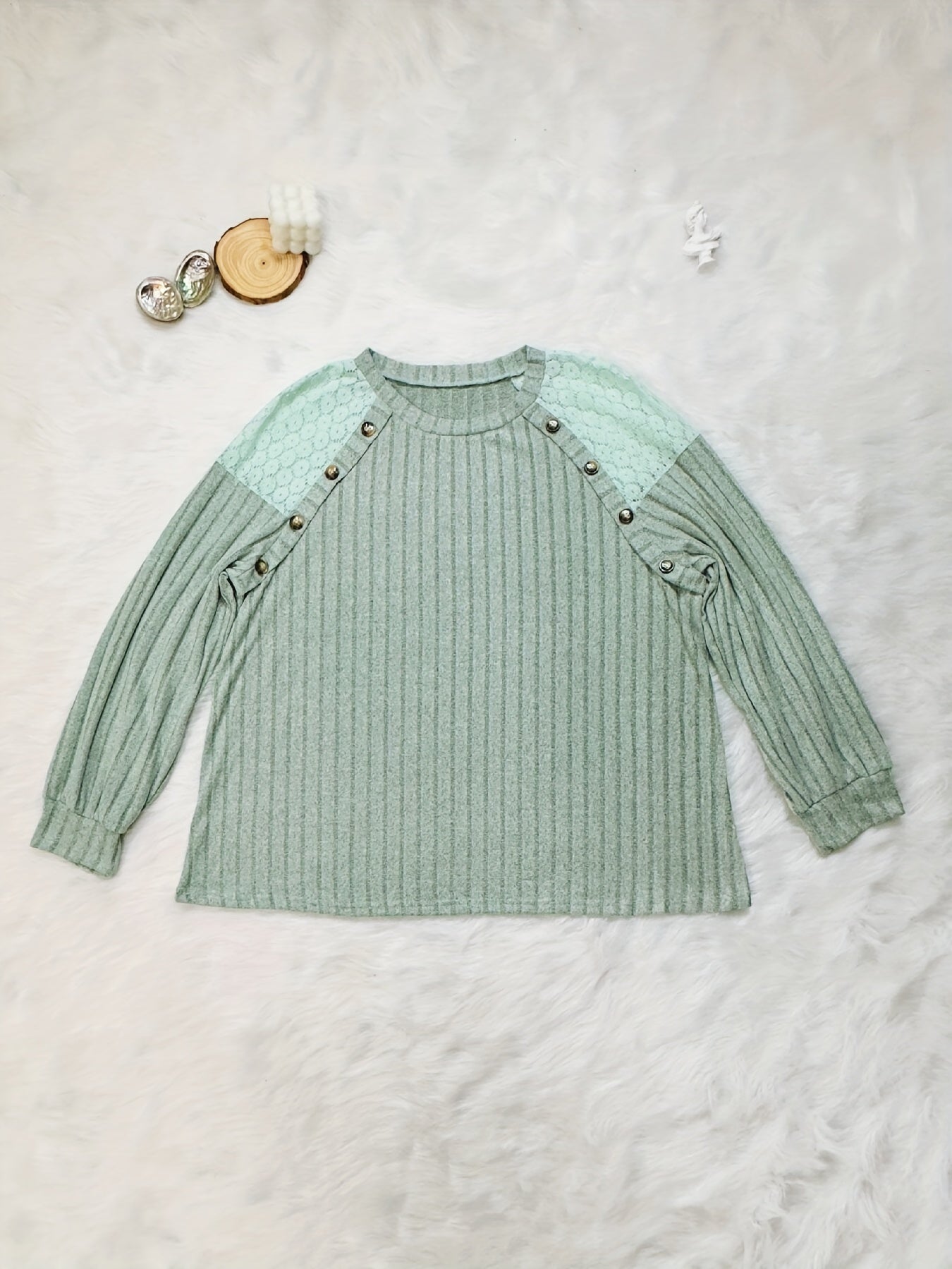 Plus Size Solid Button Decor Pullover Sweatshirt Long Sleeve Crewneck for Fall Spring