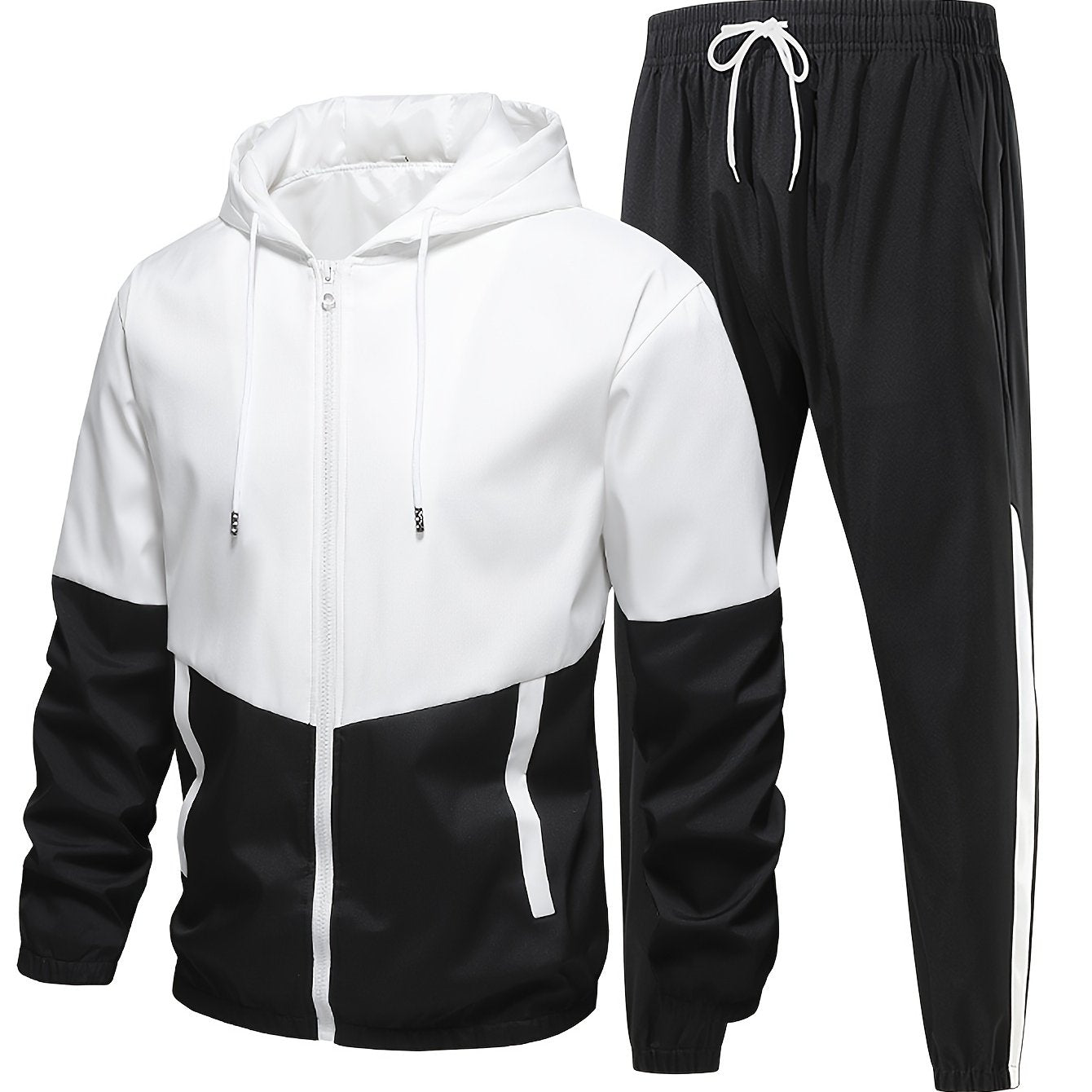 Yoz, kuz va qish mavsumi uchun kapüşonli kurtka, shortlar va shimlardan iborat erkaklar sport tasodifiy kostyumi, rang blokirovkasi bilan juft uslubida.