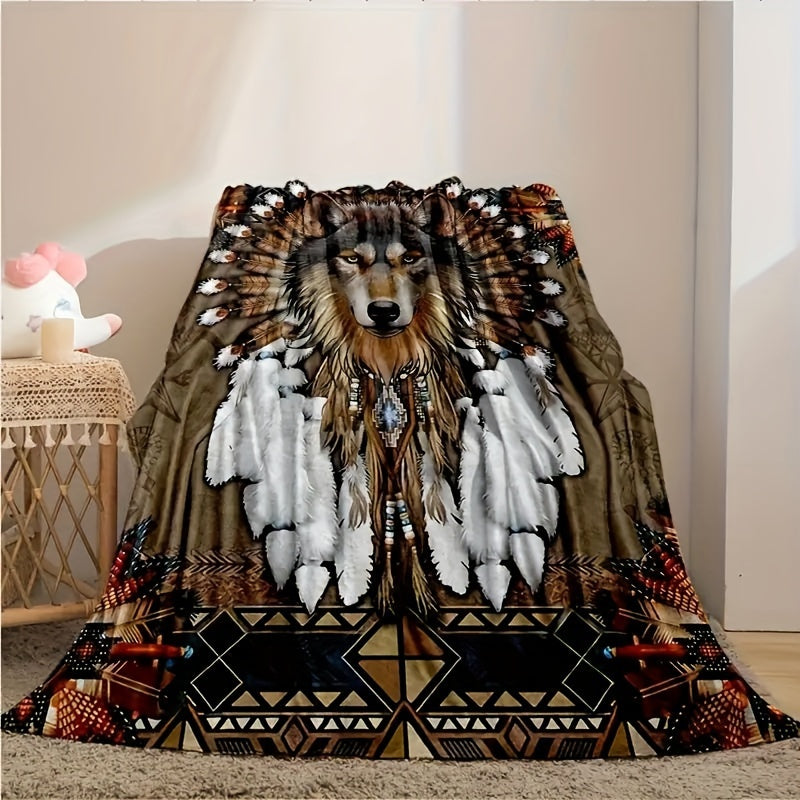 Бохемское фланелевое одеяло с геометрическим дизайном волка в стиле коренных индейцев для дивана, кровати, путешествий